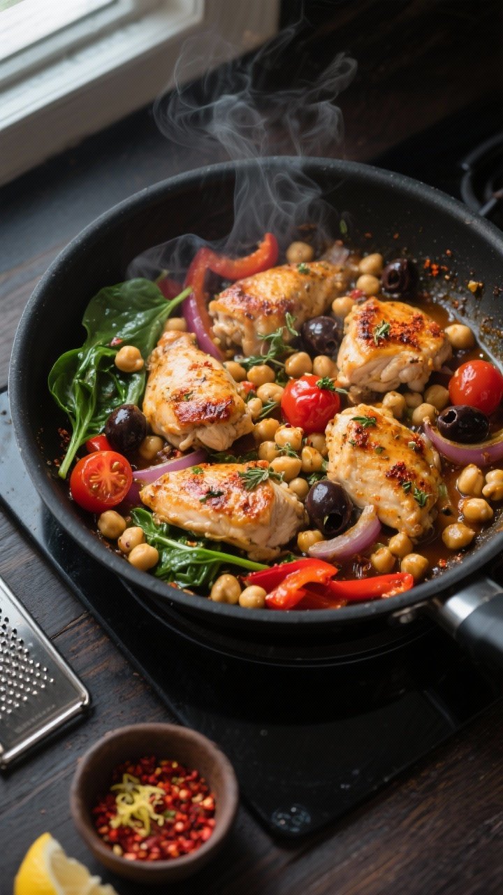 Cooking process, overhead: Sizzling Mediterranean chicken and chickpea skillet mid-simmer in a matte