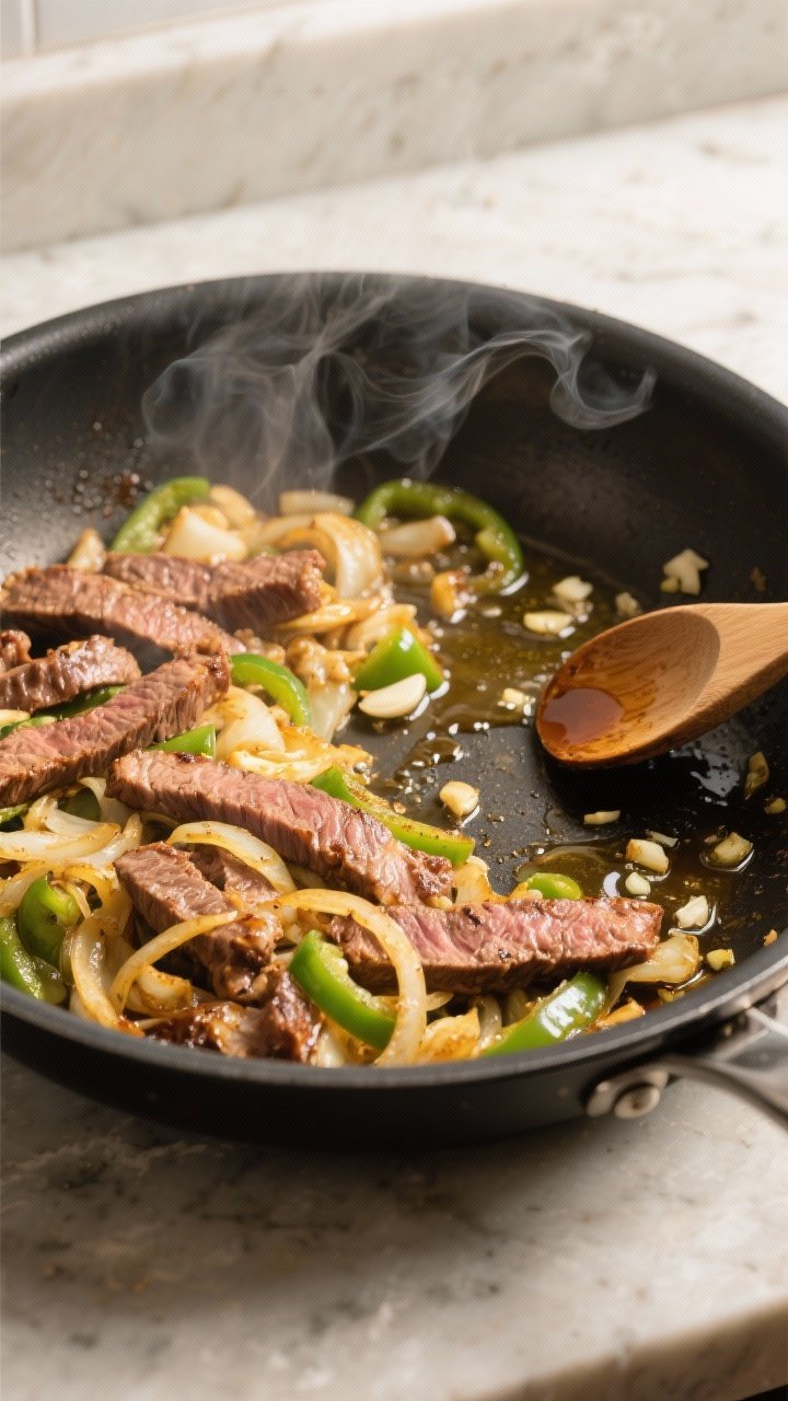 Cooking process: Philly cheesesteak filling sizzling in a large stainless skillet—steak strips sea