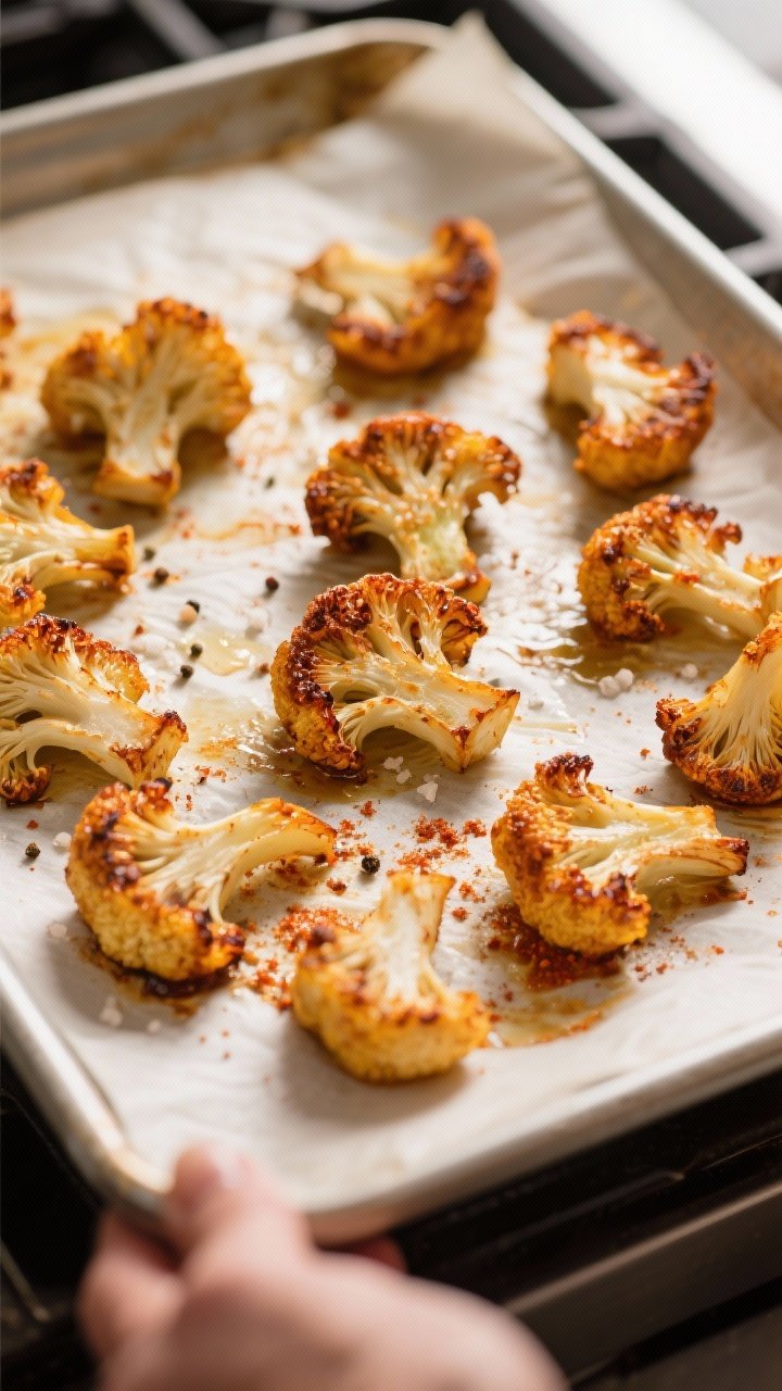 Cooking process: Roasted cauliflower florets on a parchment-lined sheet pan at the halfway toss, ful