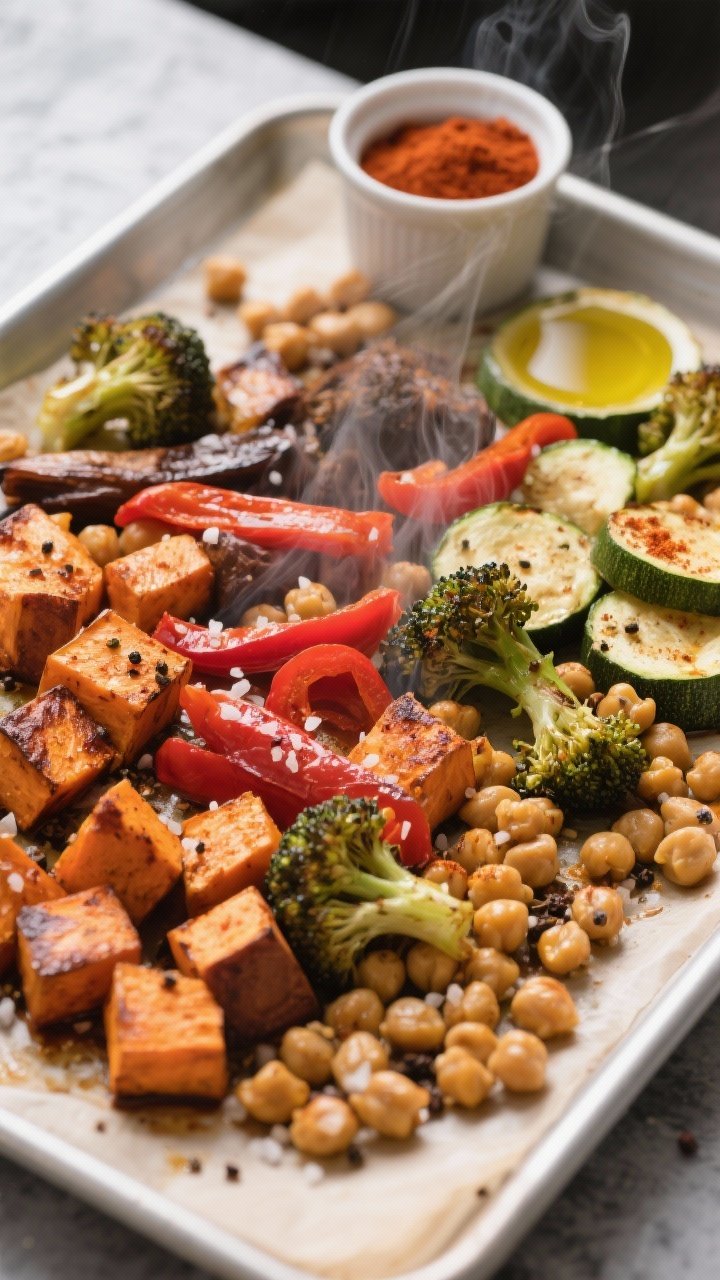 Cooking process — roasted vegetables and crisped chickpeas: Sheet pan fresh from the oven at 425°