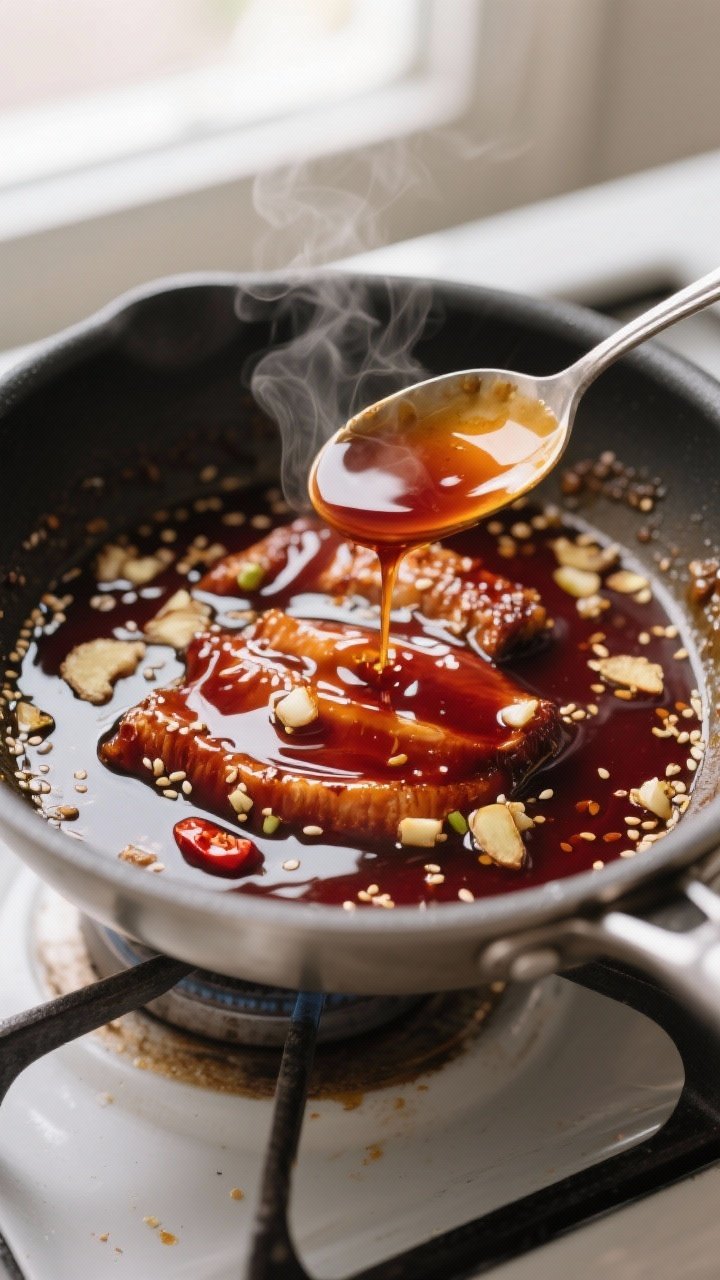 Cooking process: Saucepan shot of the sesame-soy glaze mid-simmer, syrupy ribbons coating a heatproo