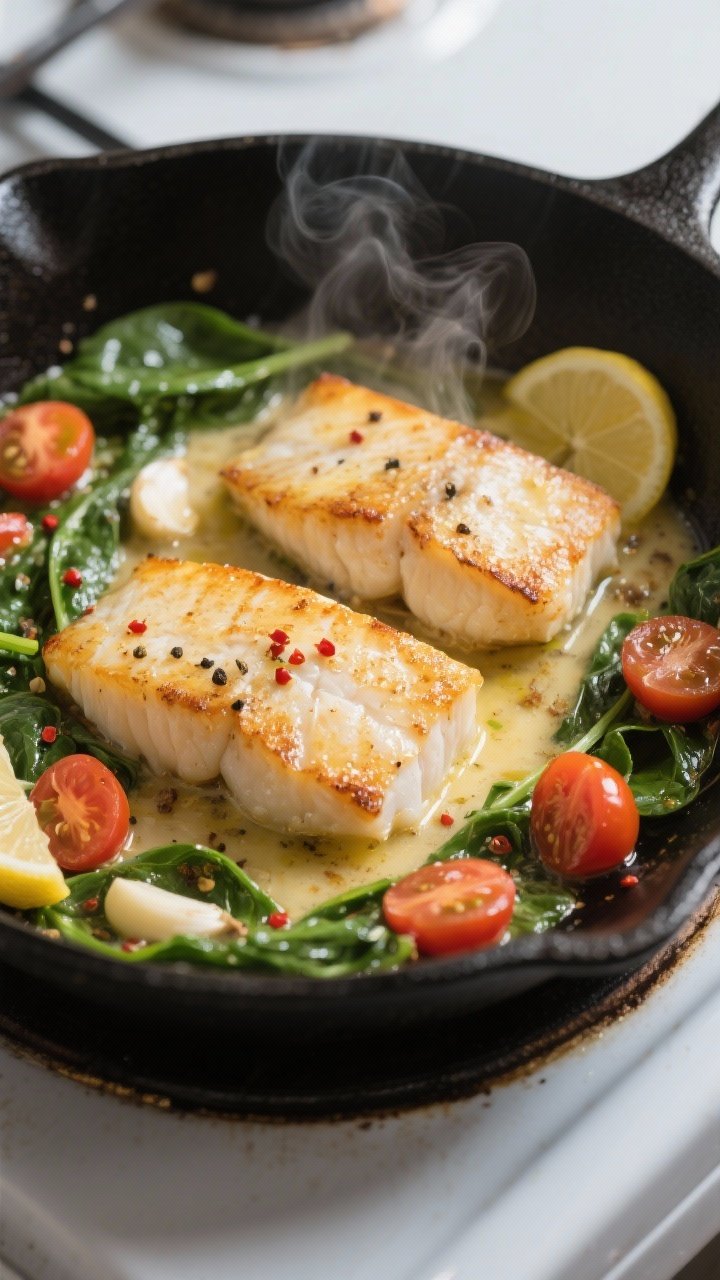 Cooking process — Searing cod and building the sauce: In-pan shot of golden-seared cod fillets jus