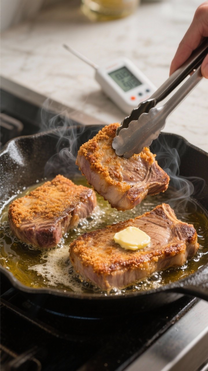 Cooking process: Searing stage in an oven-safe skillet, two breaded pork chops sizzling in shimmerin
