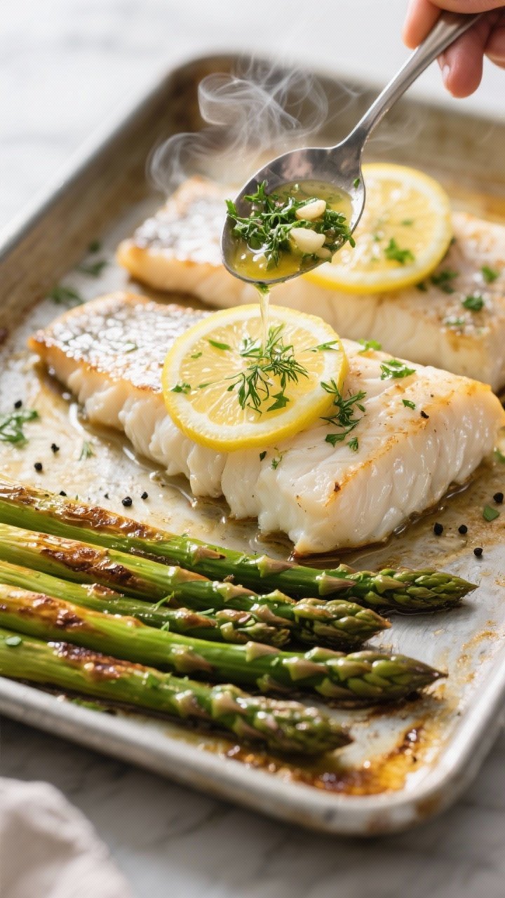 Cooking process: Sheet-pan lemon herb baked cod and asparagus mid-roast at 425°F—cod fillets on o