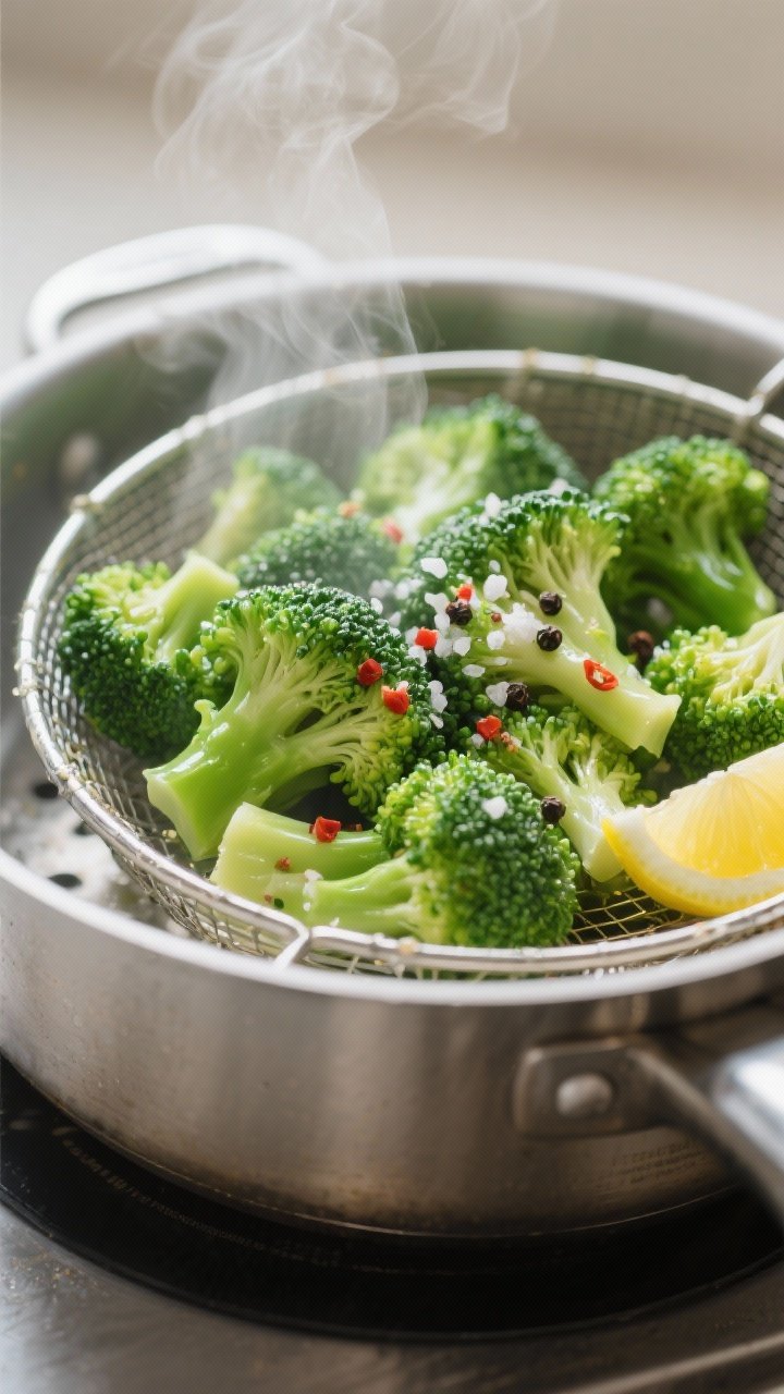 Cooking process shot: Bright green steamed broccoli florets in a steamer basket over a simmering pot
