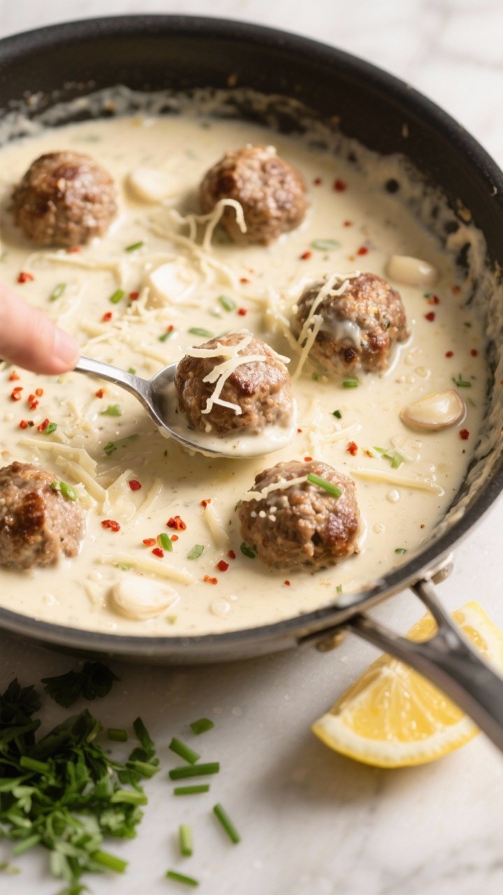 Cooking process shot: Creamy garlic butter sauce being finished in the same pan—meatballs nestled 