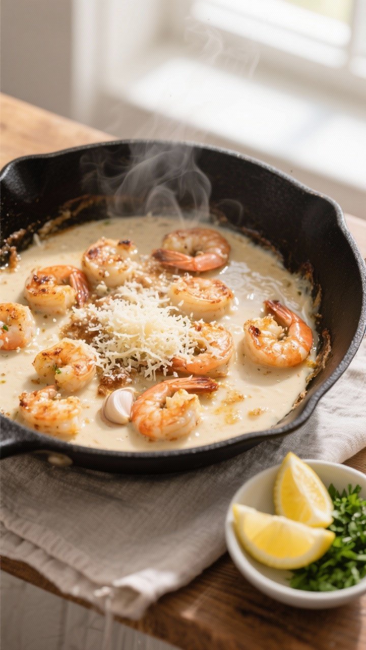 Cooking process shot: Overhead view of the creamy garlic sauce being finished in a wide black skille