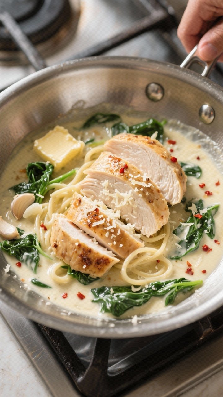 Cooking process shot: Sliced, juicy chicken breast being folded into a creamy Parmesan Alfredo sauce