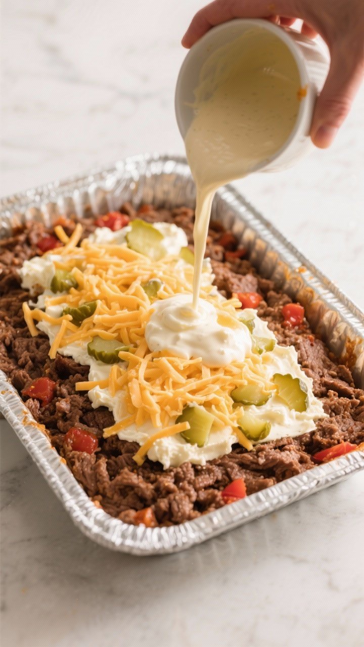 Cooking process shot: The seasoned beef layer in the greased baking dish right after assembly, showi