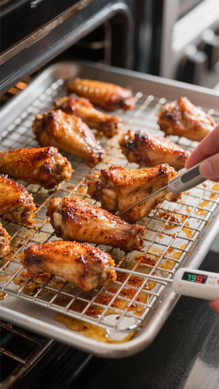 Cooking process shot: Wings roasting on a preheated wire rack over a sheet pan at 450°F, mid-bake f