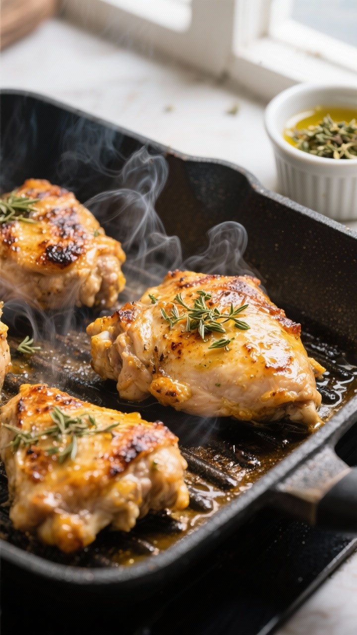 Cooking process: Sizzling Greek-marinated chicken thighs searing on a hot grill pan, golden-brown ca