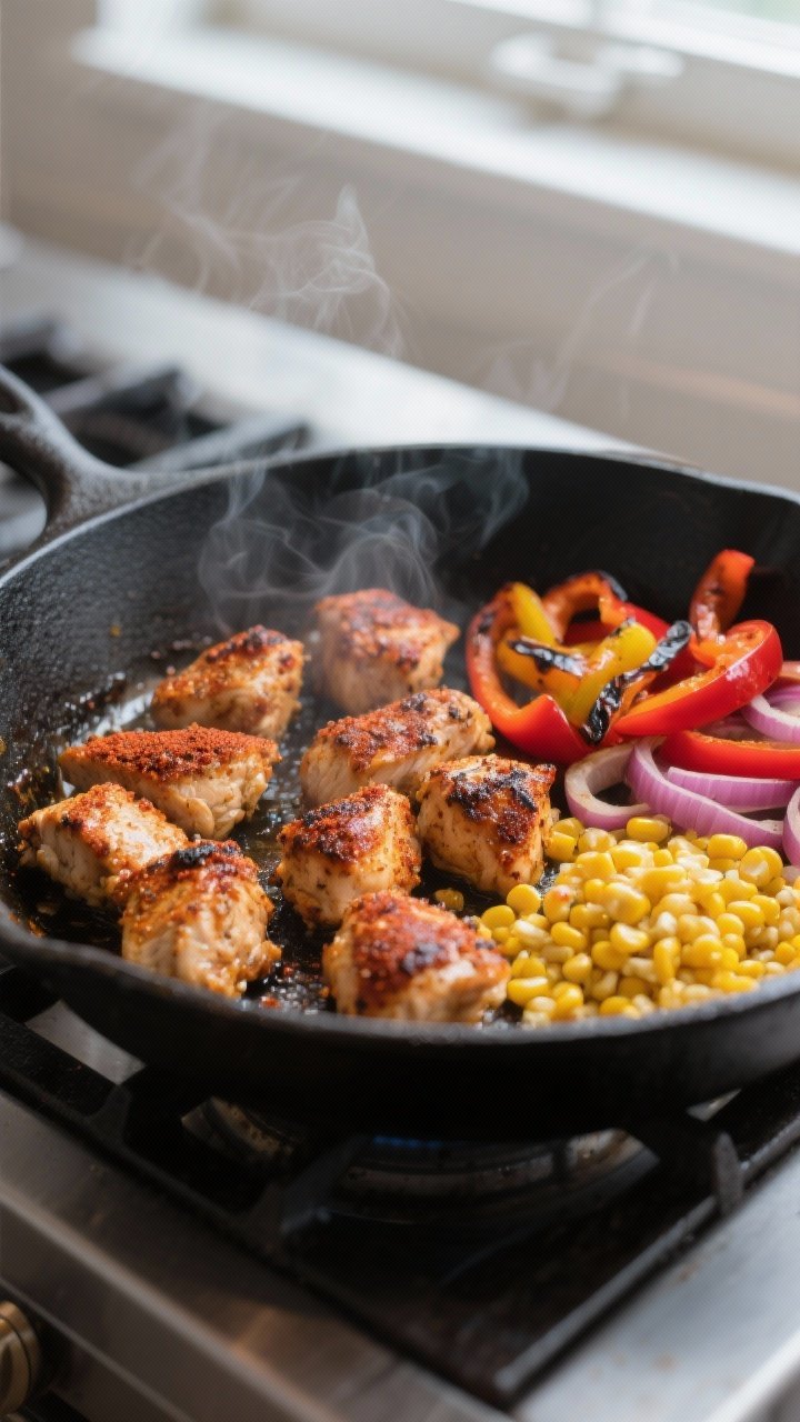 Cooking process, skillet action: Cajun-seasoned chicken bites searing in a large black skillet with 