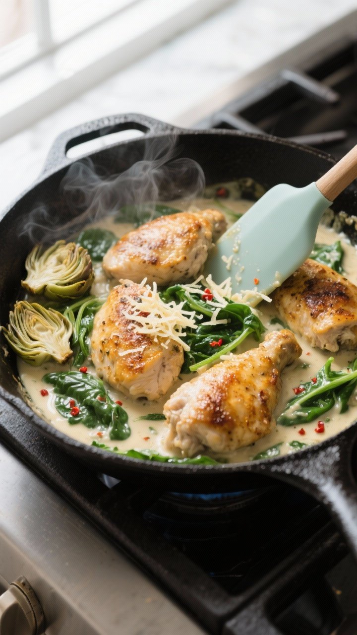 Cooking process, skillet action: Golden-browned chicken pieces nestled in a creamy spinach artichoke