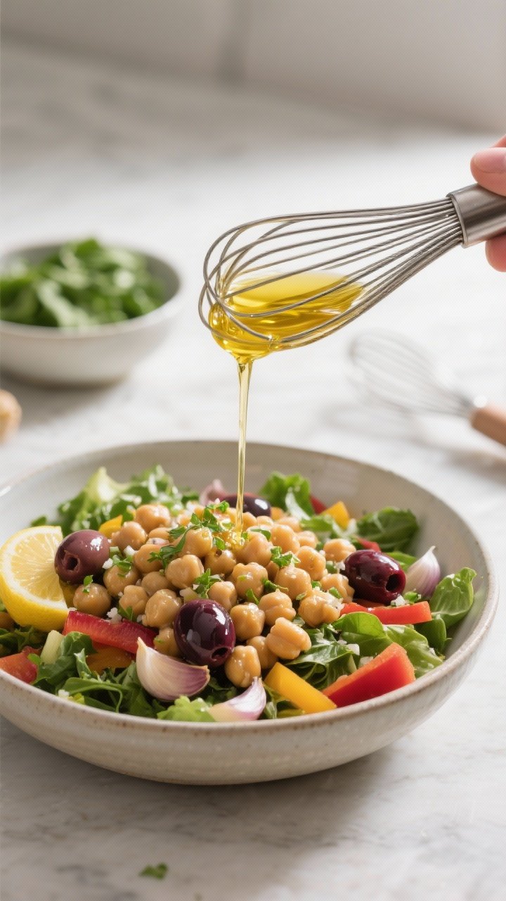 Cooking process: The dressing being whisked and poured over the composed chickpea-vegetable base in 