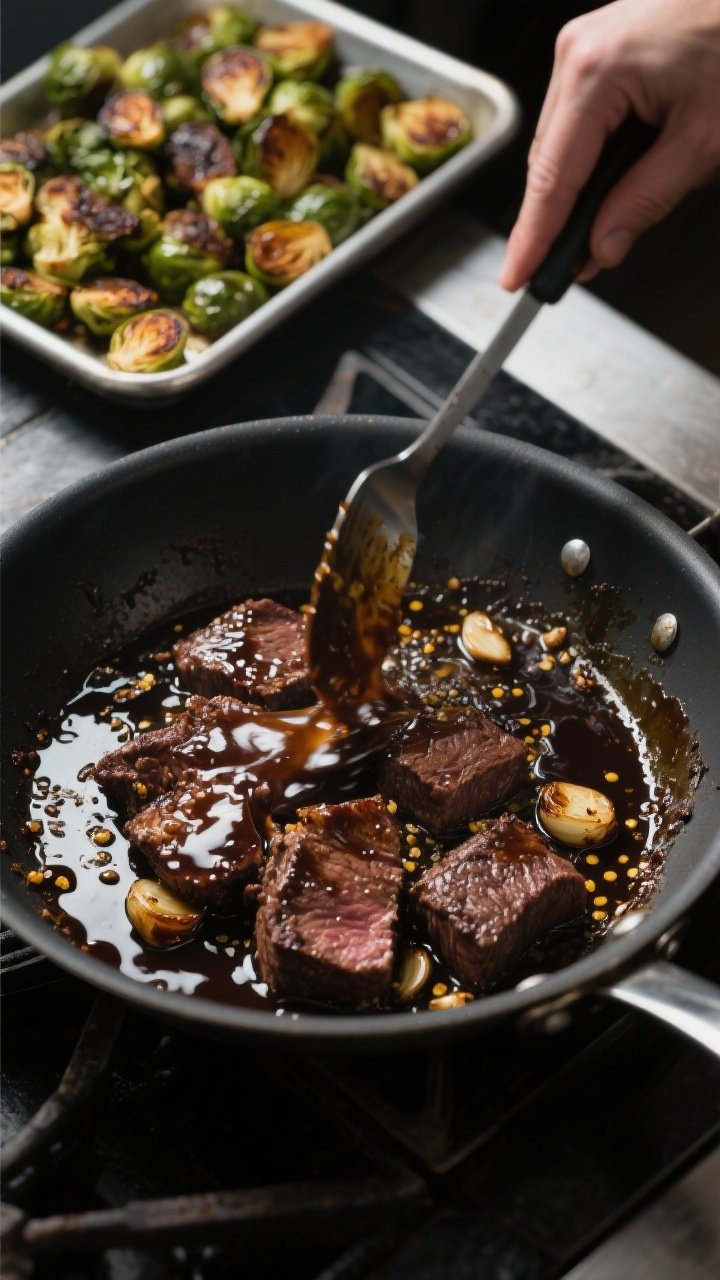 Cooking process: The skillet deglaze moment—balsamic-soy-Dijon-garlic mixture simmering around bro