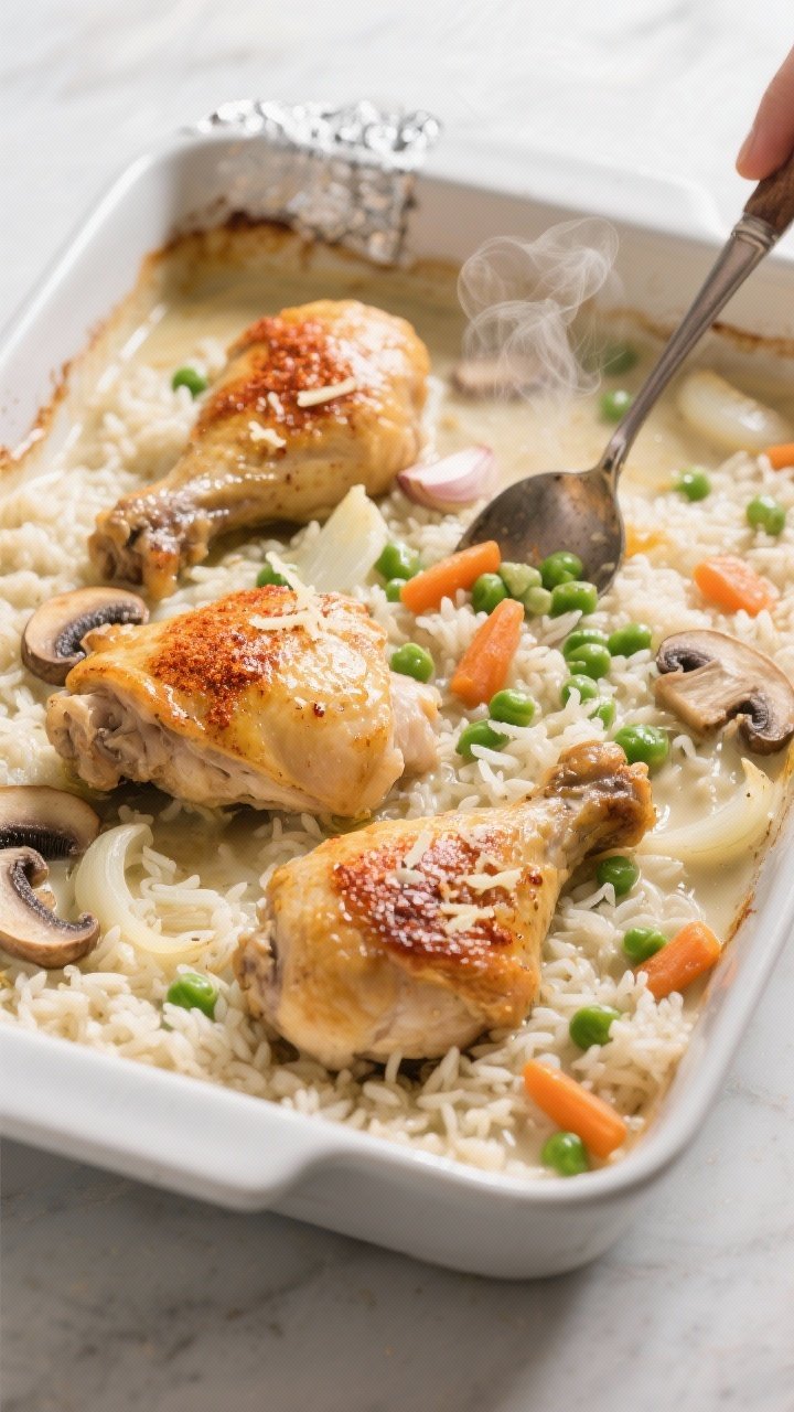 Cooking process – uncovered bake: Golden, skin-on chicken thighs nestled atop creamy rice in a 9x1