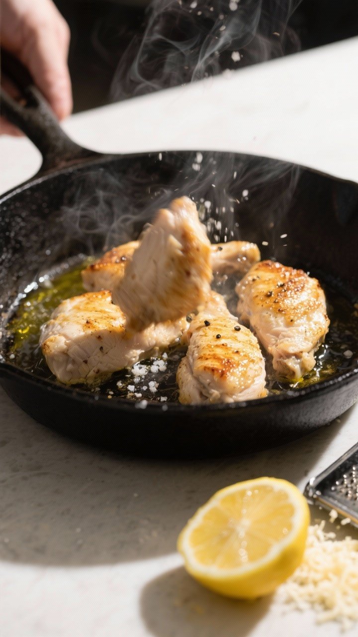 Cooking process: Warmed chicken being quickly tossed in a skillet with a drizzle of olive oil and a 