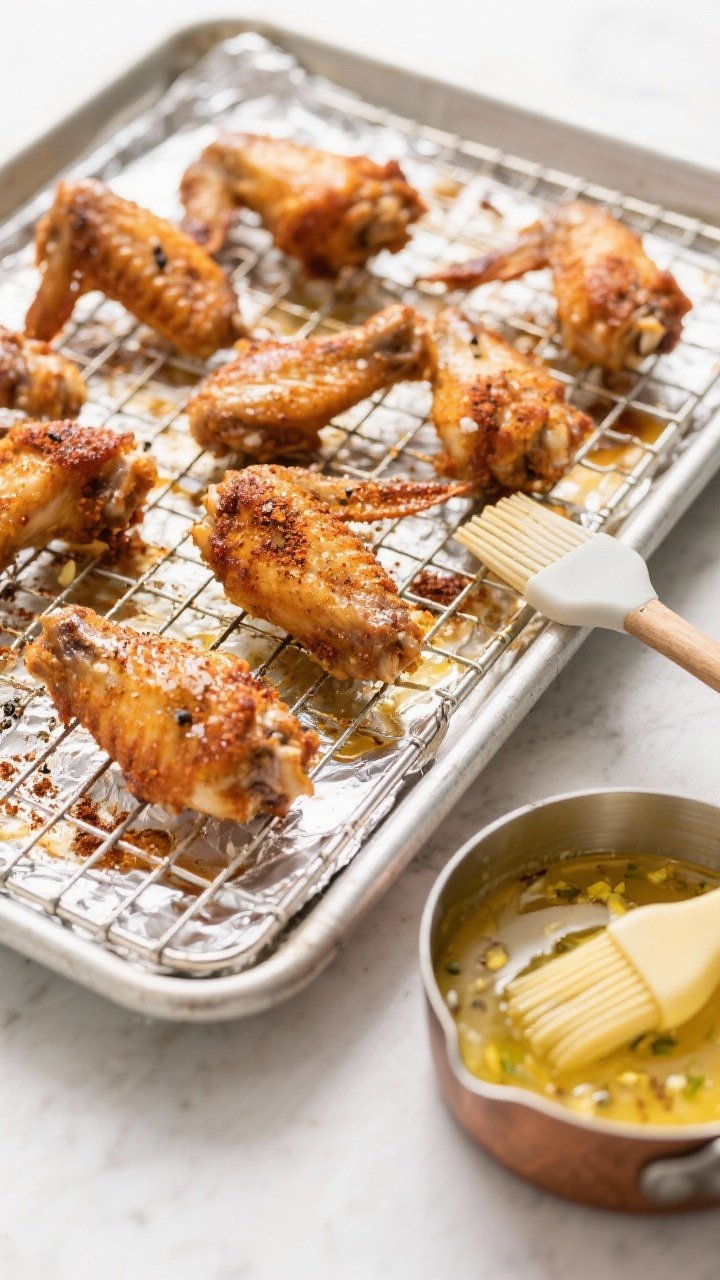 Cooking process: Wings on a wire rack over a foil-lined sheet pan midway through roasting at 425°F,