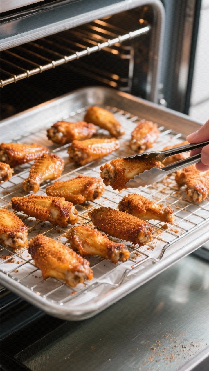 Cooking process: Wings on a wire rack over a sheet pan in the oven, upper-third rack placement visib