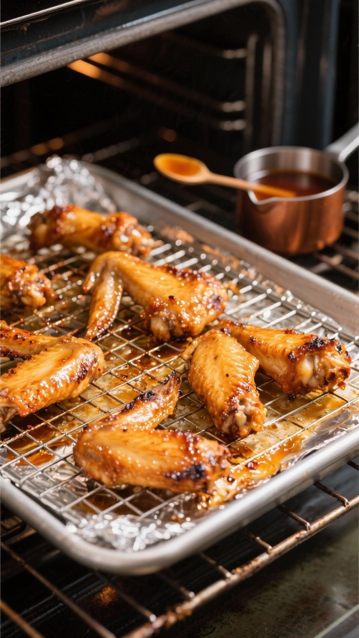 Cooking process: Wire rack over foil-lined sheet pan in a hot oven, wings mid-bake at 425°F—deepl