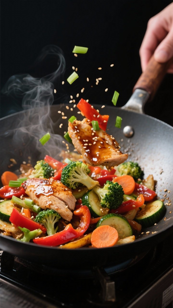 Cooking process: Wok-seared chicken and veggie stir fry mid-toss, glossy tamari-sesame sauce just ad