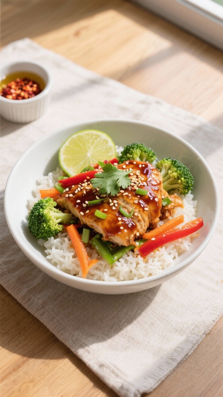 Final bowl, overhead: Spicy Sesame Ginger Chicken Bowl artfully arranged over fluffy jasmine rice in