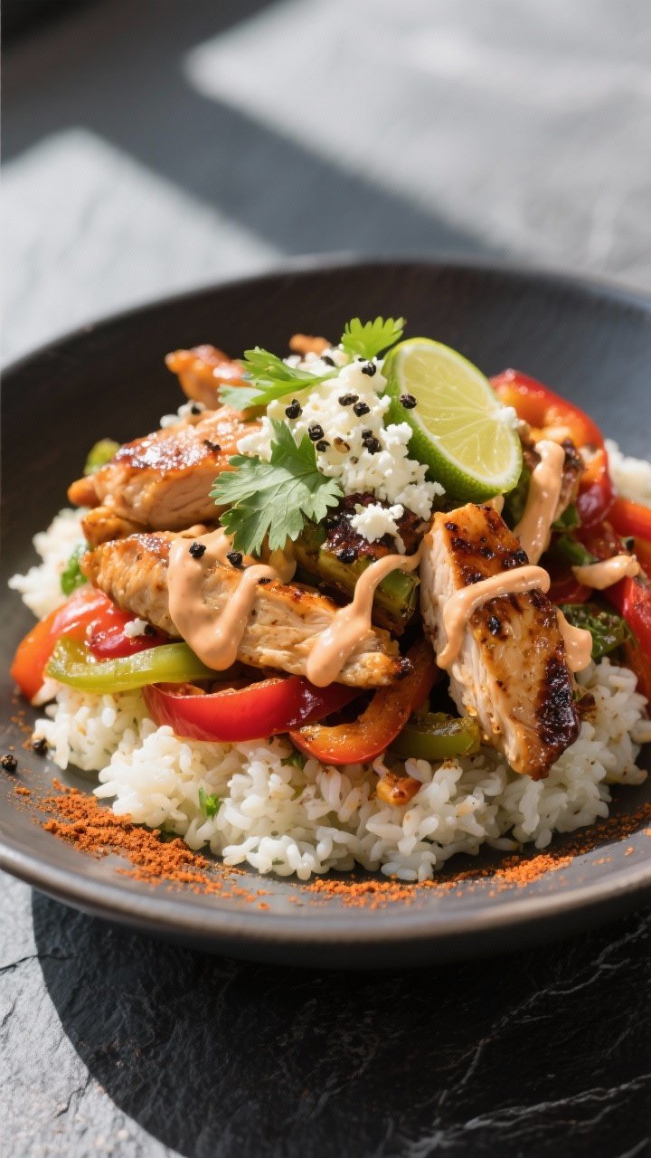 Final dish, beauty plate: Restaurant-quality plated Chicken Fajita Bowl close-up at a 45-degree angl