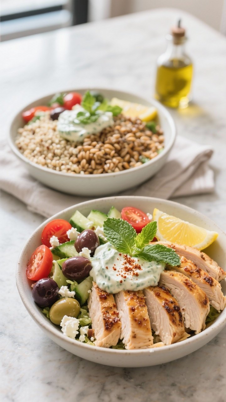 Final dish beauty: Restaurant-style plated Greek Chicken Bowls for two on a light stone surface—on