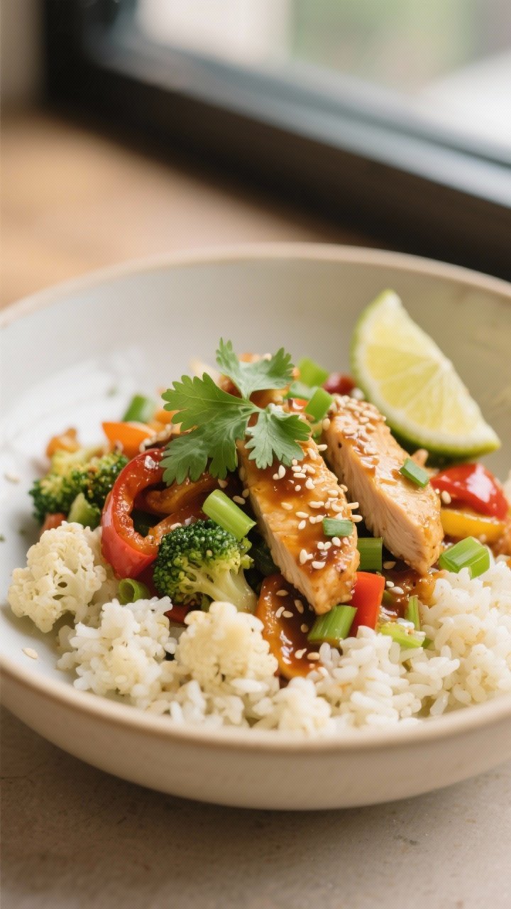 Final dish close-up: Cauliflower rice bowl topped with juicy, lightly browned chicken strips and vib