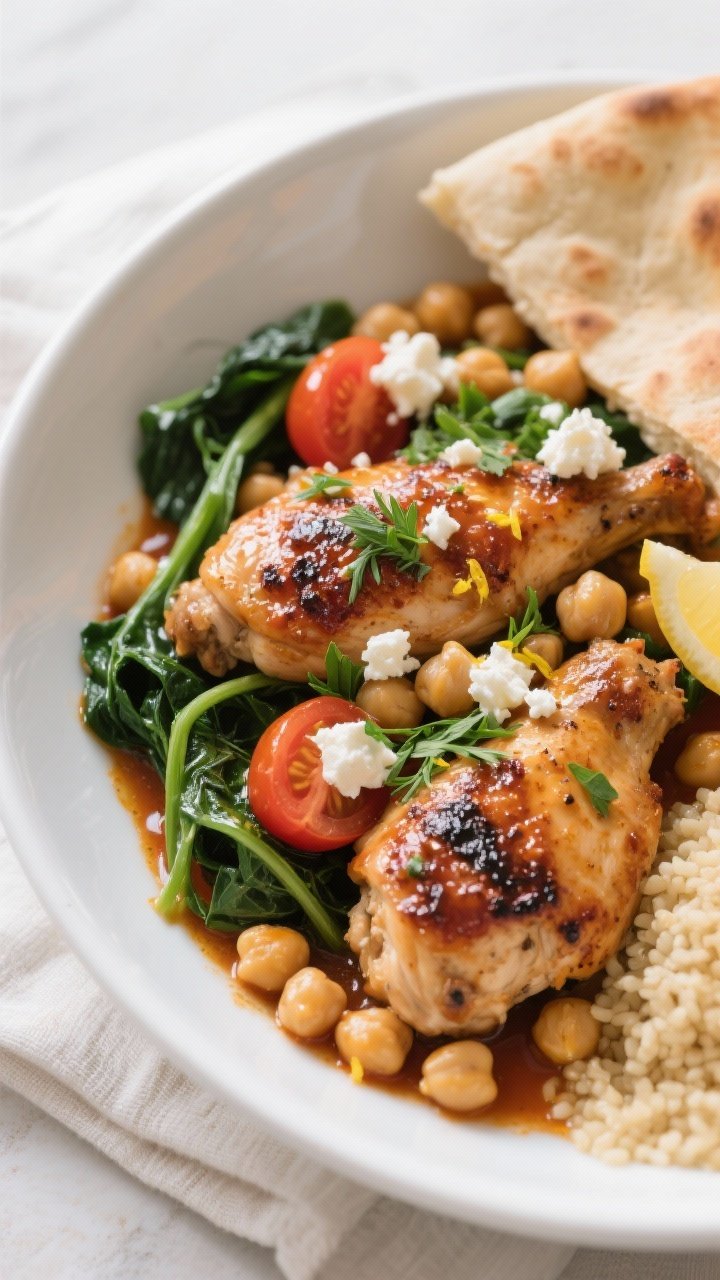 Final dish, close-up detail: Beautifully plated Mediterranean chicken and chickpea skillet in a wide