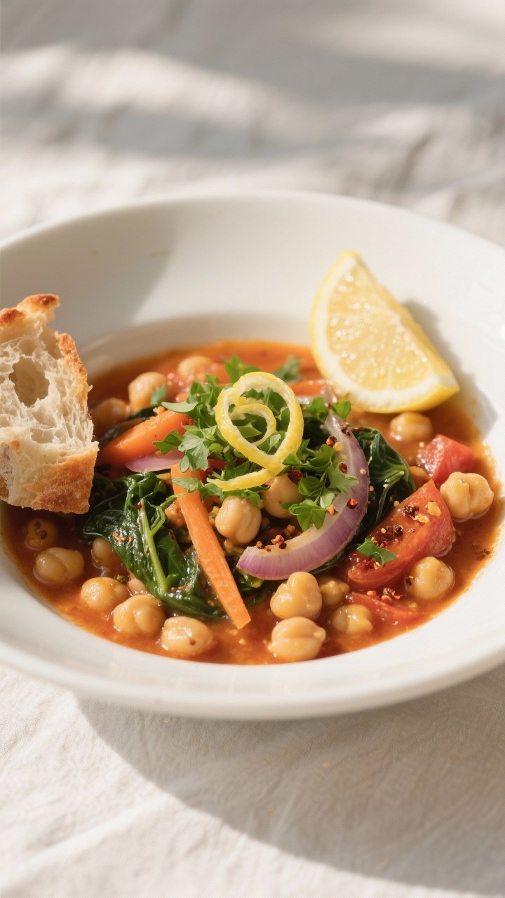 Final dish, close-up detail: Beautifully plated Mediterranean Chickpea Stew in a shallow white bowl,
