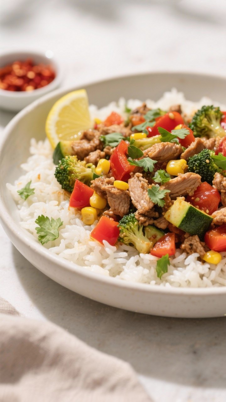 Final dish, close-up detail: Close-up, of the finished Veggie-Packed Turkey Skillet served over fluf