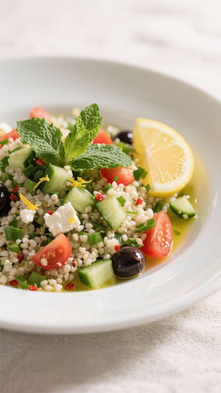 Final dish, close-up detail: Mediterranean Quinoa Tabbouleh plated in a wide shallow white bowl, tig