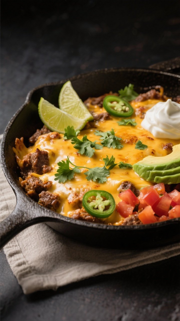 Final dish, melty cheese moment: Beautifully finished beef taco skillet presented in the pan with a 