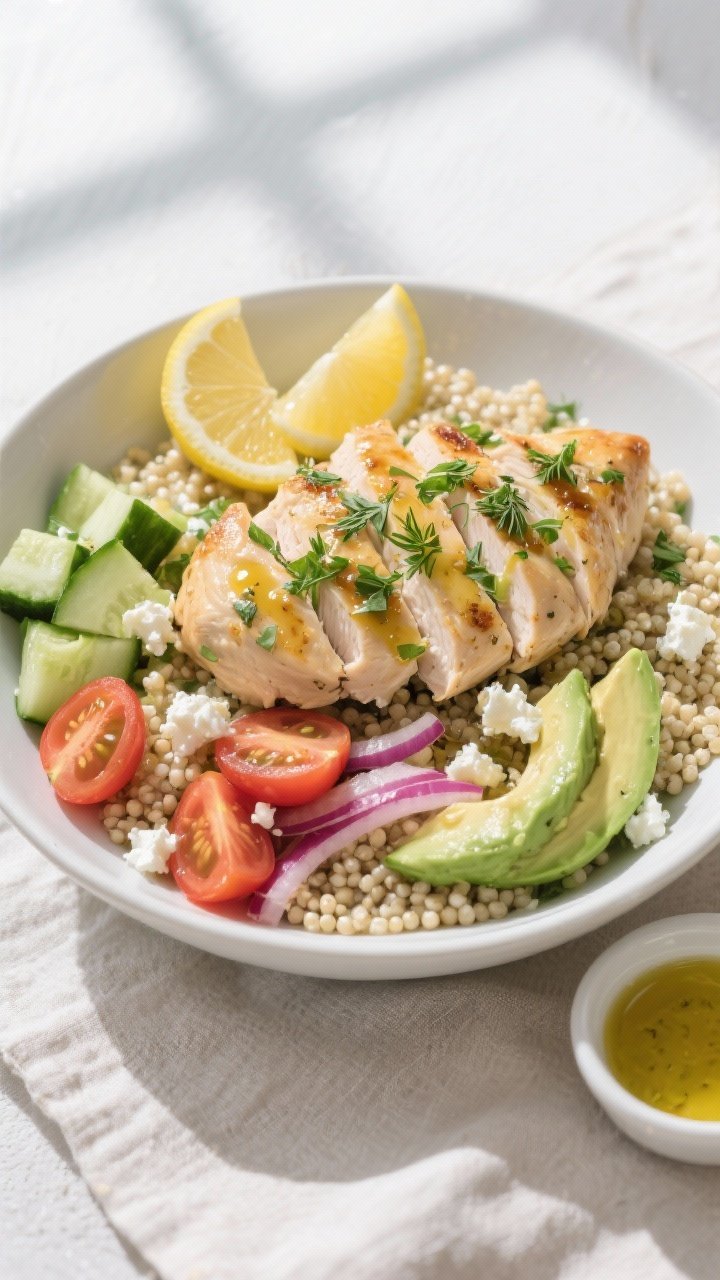 Final dish overhead: Lemon Herb Chicken Bowl beautifully assembled over fluffy quinoa and pearl cous