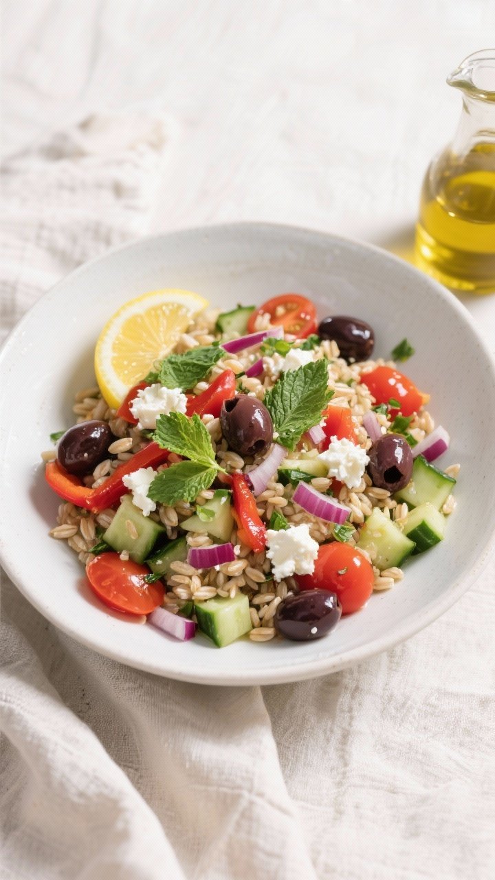 Final dish overhead: Mediterranean Barley Salad with Kalamata olives, cherry tomatoes, diced English