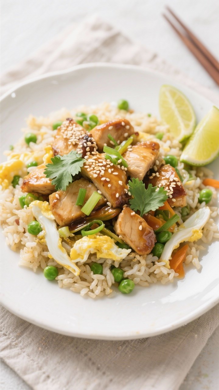 Final dish, overhead plated: Sesame Ginger Chicken served over veggie fried rice on a wide white cer