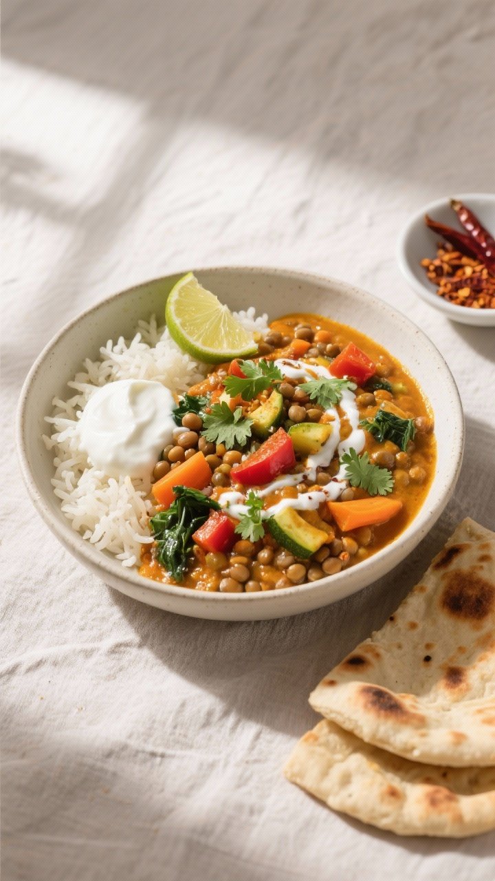 Final dish, overhead presentation: Overhead shot of a beautifully plated bowl of veggie-loaded lenti