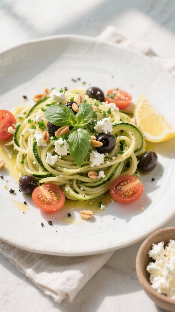 Final dish, overhead top view: Beautifully plated Mediterranean Zucchini Noodle Pasta twirled into a