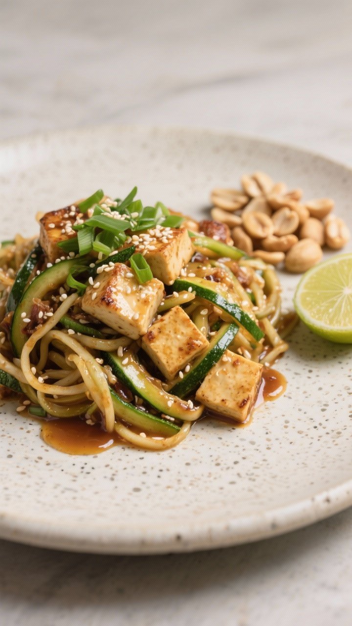 Final dish, plated beauty: Elegantly plated zucchini noodle stir-fry with tofu on a speckled ceramic