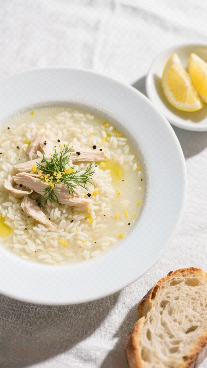 Final dish — Plated Greek Lemon Rice Soup (Avgolemono): Overhead shot of a wide white bowl filled 
