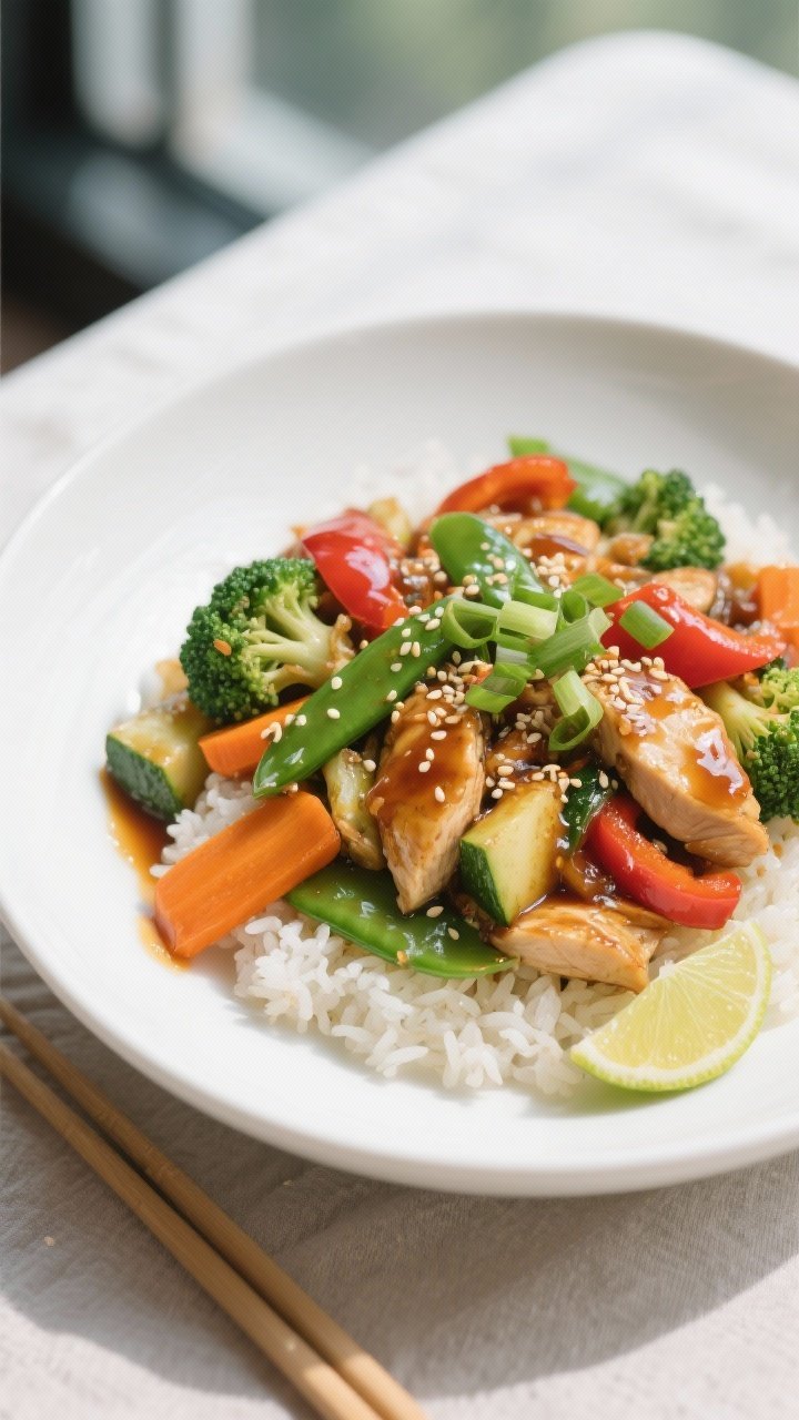 Final dish, plated presentation: Beautifully plated Chicken Veggie Stir-Fry with Ginger Sauce over f