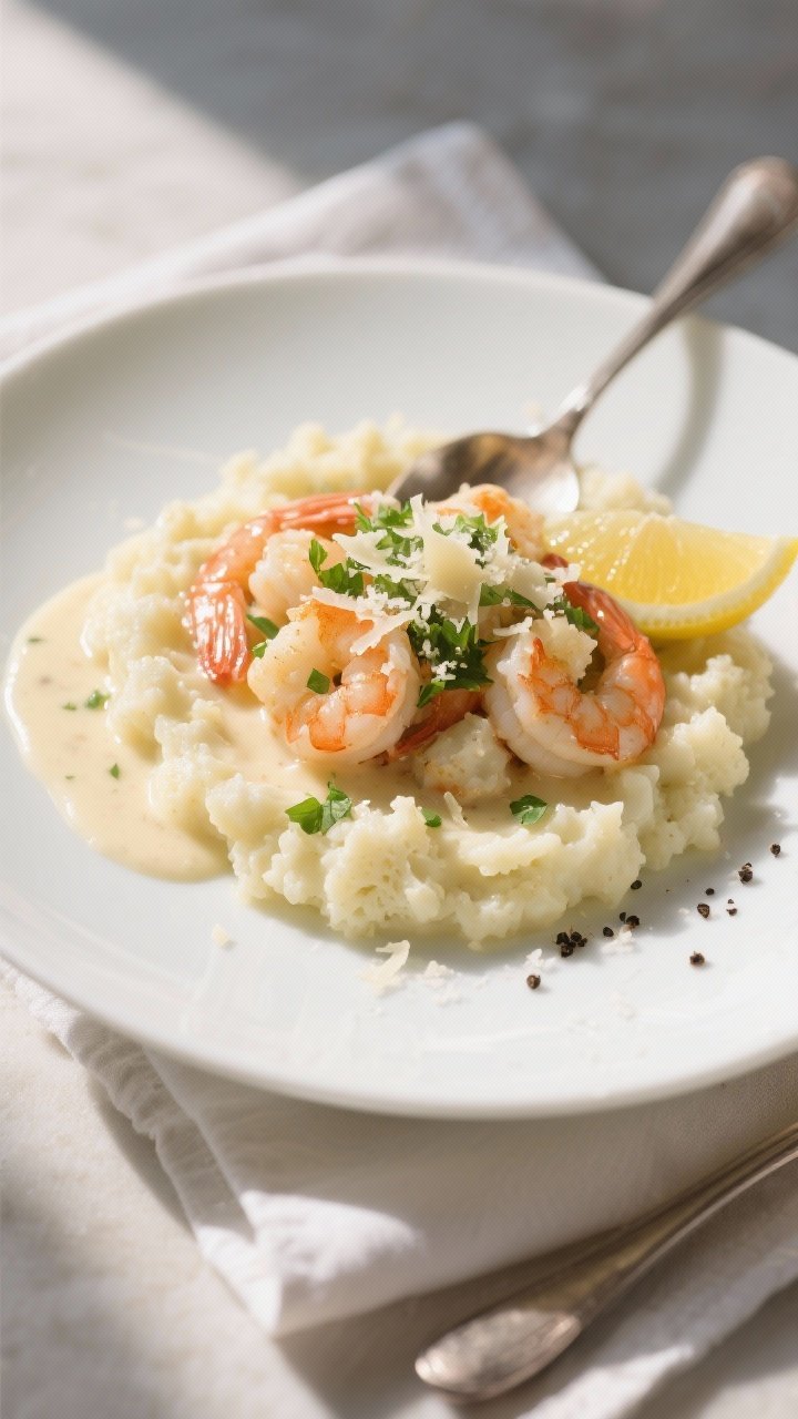 Final dish, plated restaurant style: Creamy garlic shrimp spooned over a plush bed of buttery caulif