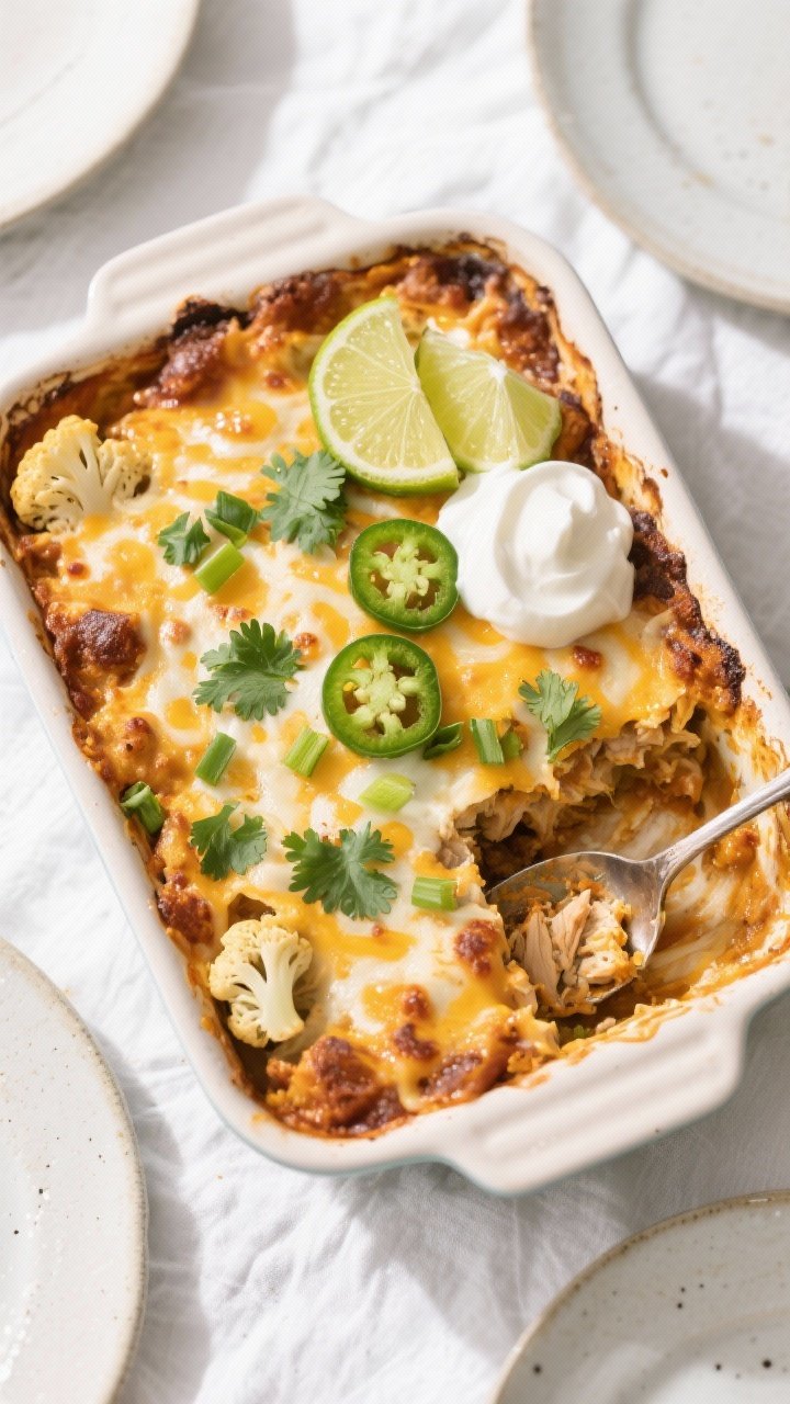 Final dish presentation: Beautifully baked Chicken Enchilada Cauliflower Casserole, cheese melted an