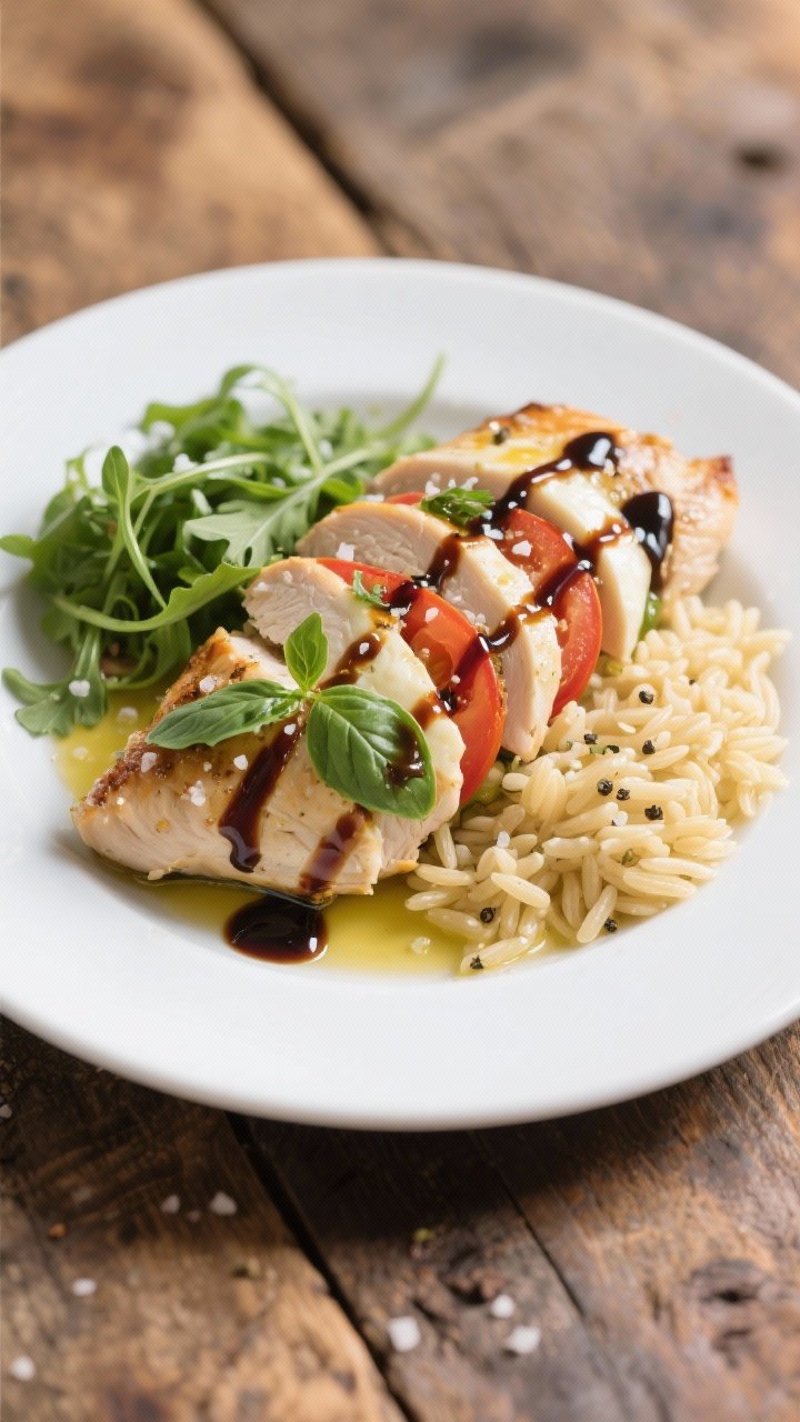 Final dish presentation: Beautifully plated caprese stuffed chicken breast sliced on a bias into thi