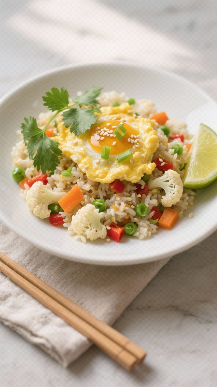 Final dish presentation: Beautifully plated Cauliflower Fried Rice with Scrambled Eggs on a matte wh