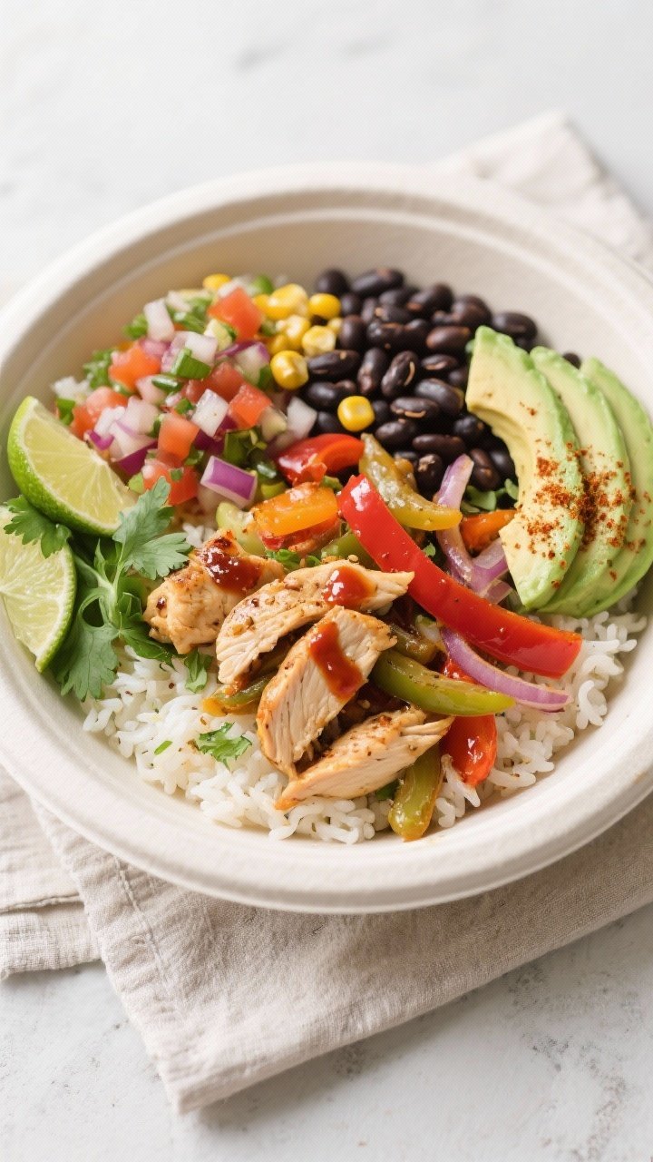 Final dish presentation: Beautifully plated Chicken Fajita Meal Prep Bowl in a matte white, shallow 