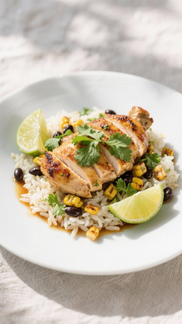 Final dish presentation: Beautifully plated cilantro lime chicken thighs sliced and fanned over fluf