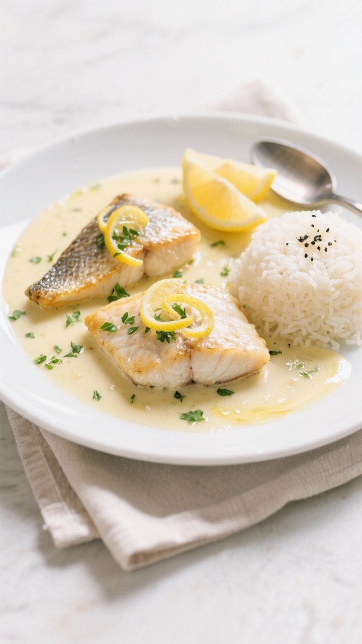 Final dish presentation: Beautifully plated creamy lemon butter tilapia—two flaky fillets nestled 