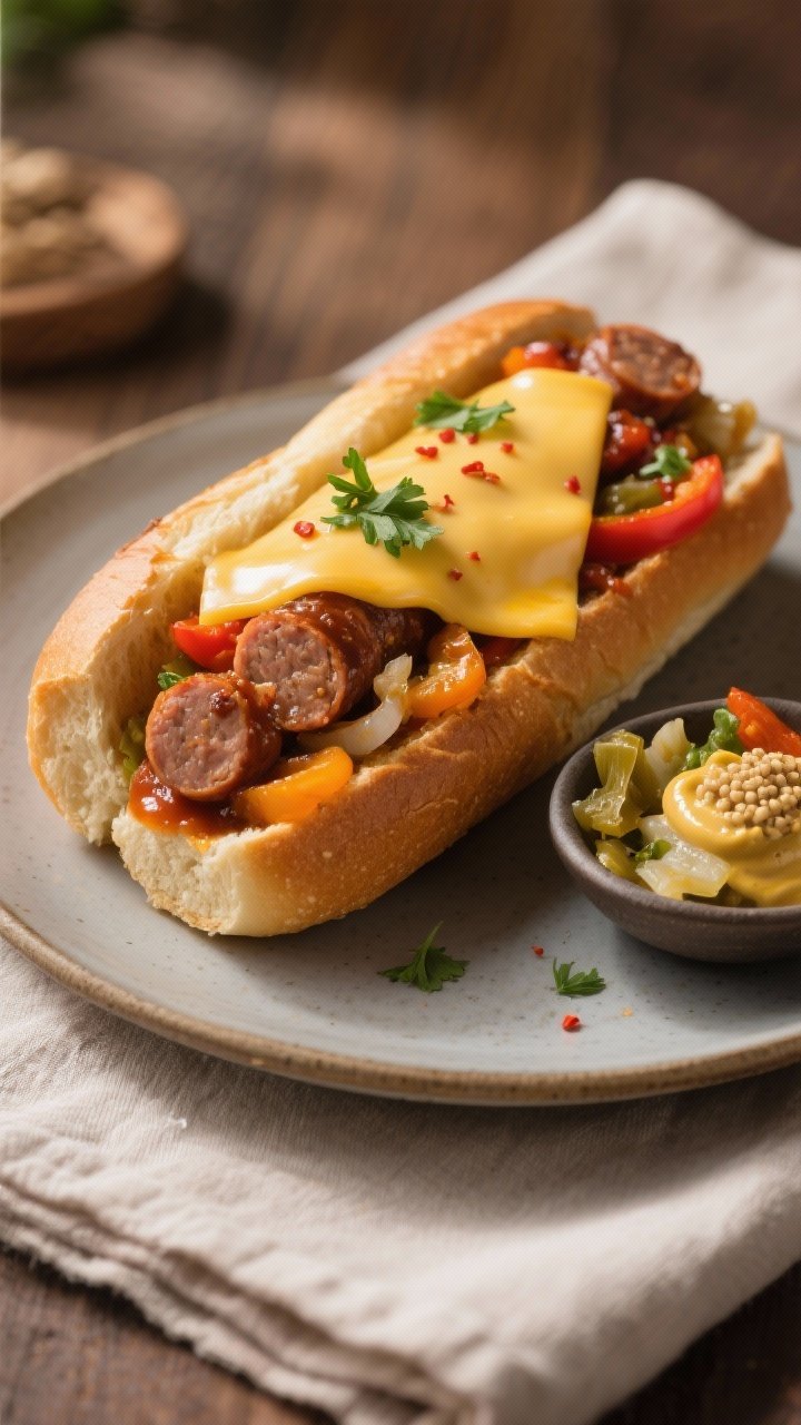 Final dish presentation: Beautifully plated Italian turkey sausage and peppers hoagie—toasted roll